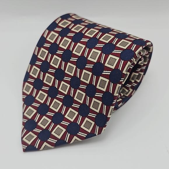 Robert Talbott Tie Mens Navy Blue Foulard Geometric Burgundy All Silk 59" USA - Picture 2 of 6